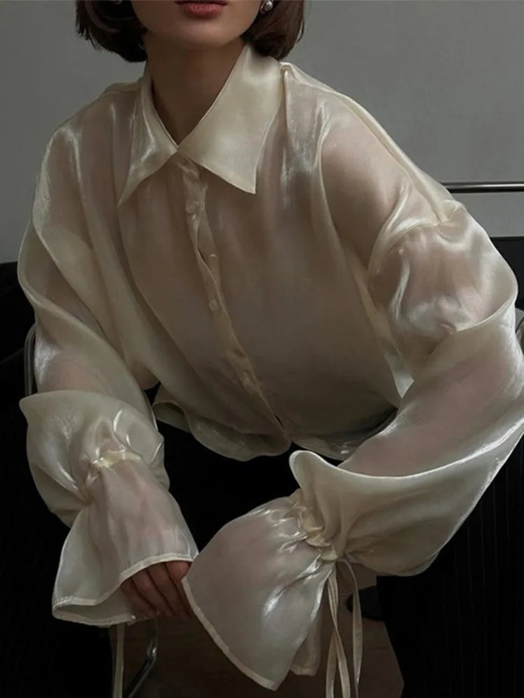 Camisas vintage lisas con mangas acampanadas y cuello alto para mujer, elegantes camisas con solapa y botonadura sencilla con cordones, blusas elegantes de calle para mujer