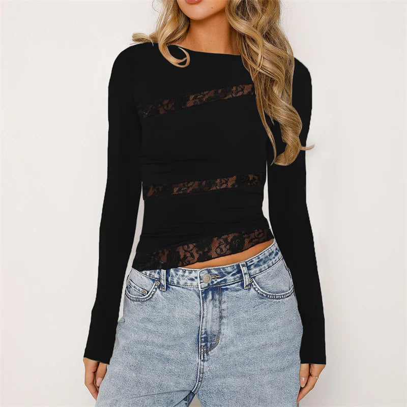 y2k Long Sleeve Tops 2000s Clothes Women See Through Lace Patchwork Round Neck Irregular Hem T Shirt Aesthetic Clothing