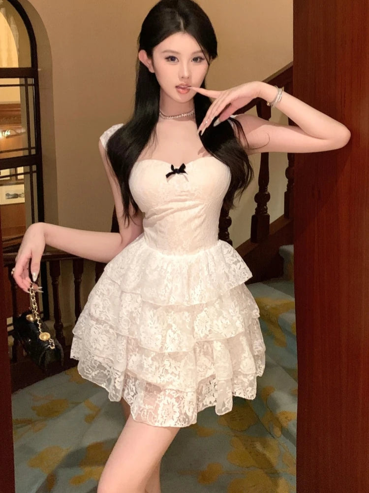 Mujer Primavera Verano Nuevo Elegante Encaje Mini Vestidos Línea A Sin Mangas Fiesta Graduación Moda Ropa De Una Pieza