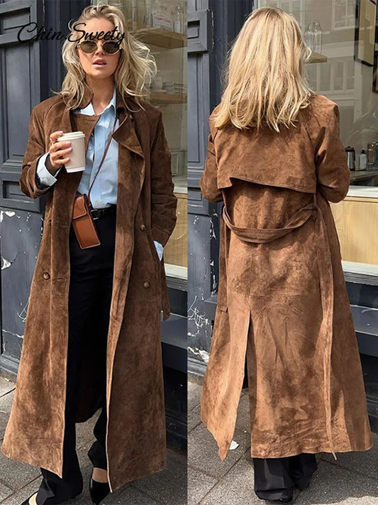 Elegante gabardina larga de ante para mujer, con cinturón, doble botonadura, manga larga, cortavientos marrón, ropa de calle de otoño para mujer, nueva