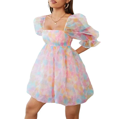 Fairy Mesh Dress y2k Women Aesthetic Gradient Color Puff Sleeve Princess Dress Square Neck Short Prom Party Dresses