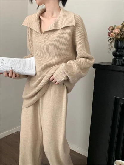 Conjunto de dos piezas de punto para mujer, jersey de solapa, pantalones largos, moda coreana, ropa informal femenina, prendas de punto, otoño e invierno, nuevo