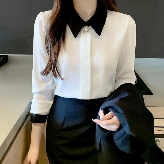 Blusas de estilo primavera otoño para mujer, camisas informales de manga larga con cuello vuelto, blusas, tops