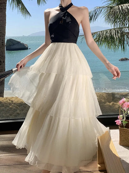 Elegante vestido de fiesta de noche con volantes y retazos para mujer, sin mangas, con cuello halter y espalda descubierta, corte en A, de una pieza