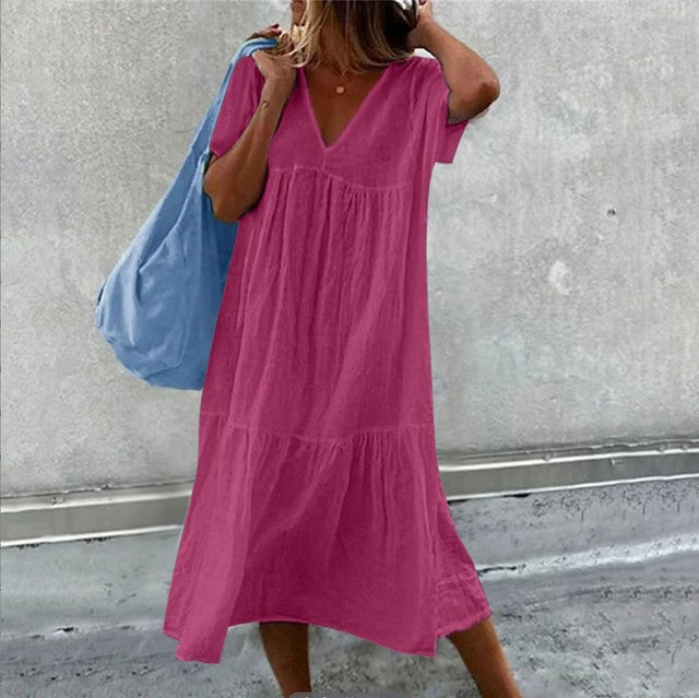 Vestidos midi de lino y algodón de color liso para mujer, moda informal, cuello en V, mangas cortas, sueltos, estilo sencillo, para ir al trabajo.