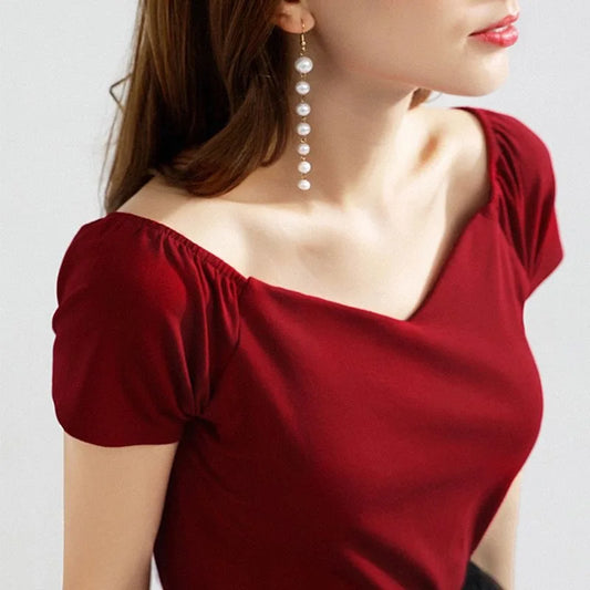Blusas de algodón para mujer, estilo primavera-verano, informales, de manga corta y cuello en V, lisas y holgadas, DF3492