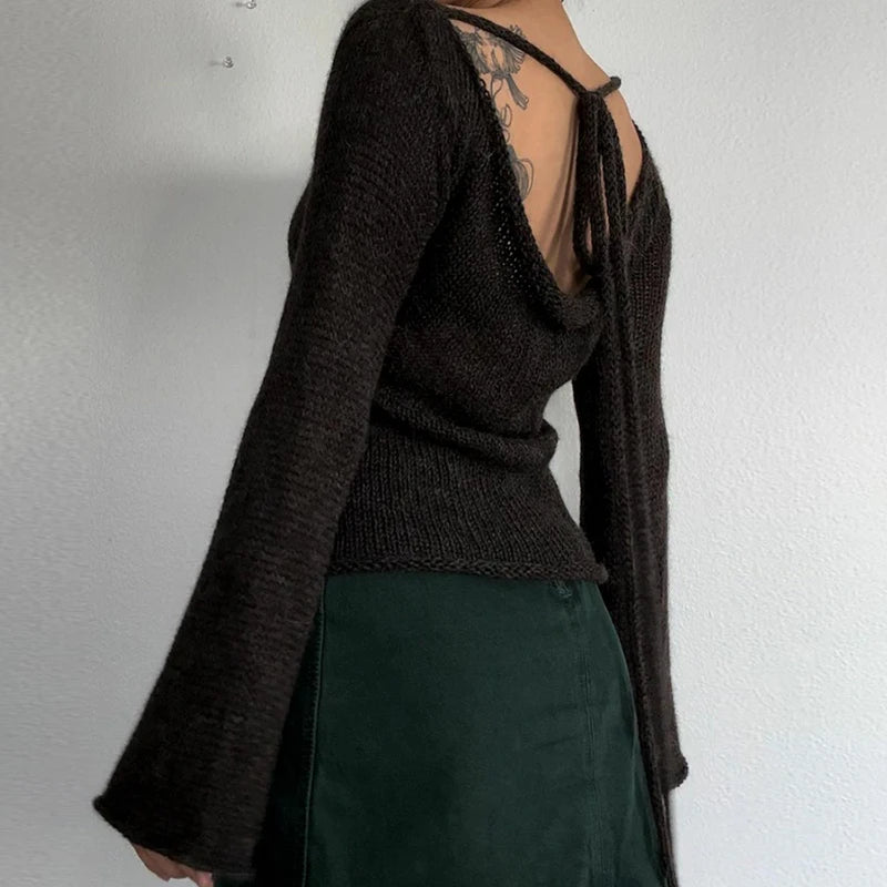 Suéteres de punto con espalda descubierta y lazo para mujer, jersey de manga larga con cuello barco, moda coreana, jerséis vintage Y2K, camiseta de otoño