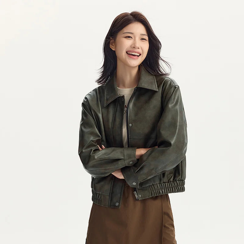 Abrigo para mujer, cuello holgado, estilo moderno, estilo urbano, otoño, nuevo, retro, texturizado, chaqueta de cuero PU.