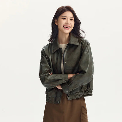 Abrigo para mujer, cuello holgado, estilo moderno, estilo urbano, otoño, nuevo, retro, texturizado, chaqueta de cuero PU.