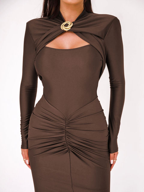 Elegant Long Sleeved Elastic Tight Long Dress Women Bodycon Pleated Party Club Evening Dress Hollowed Out Slim Vestido