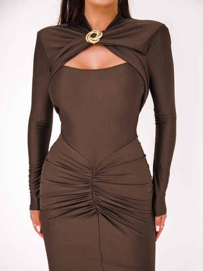 Elegant Long Sleeved Elastic Tight Long Dress Women Bodycon Pleated Party Club Evening Dress Hollowed Out Slim Vestido