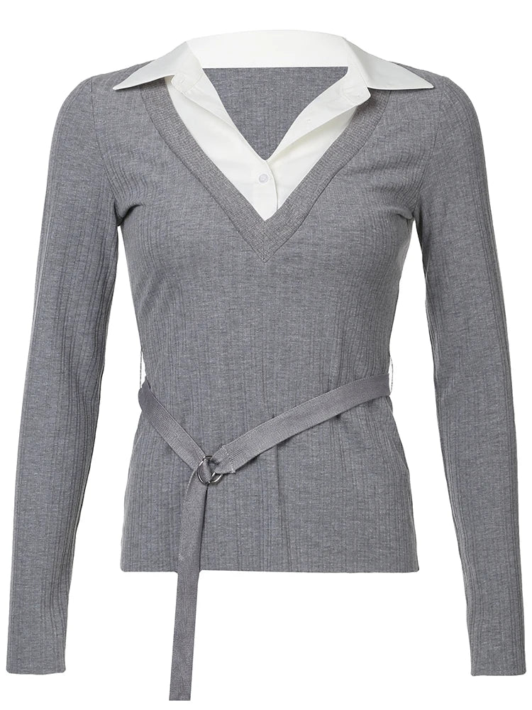 Camiseta básica de manga larga entallada de canalé gris con cinturones y cuello vuelto con parches en contraste para mujer, otoño e invierno