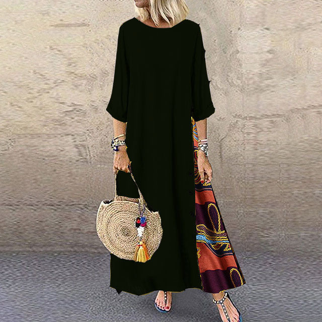Vestidos largos vintage de lino y algodón para mujer, mangas tres cuartos, estampado empalmado, holgados, línea A, moda informal, maxivestido para mujer
