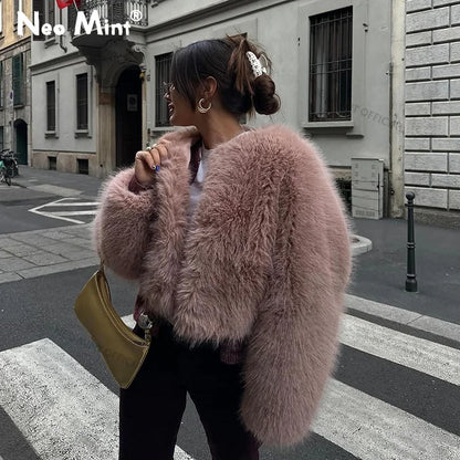 Marca de moda de invierno dulce rosa recortado abrigo de piel sintética para mujer ropa de calle Ins Chic Girls chaqueta de piel de zorro esponjosa para mujer