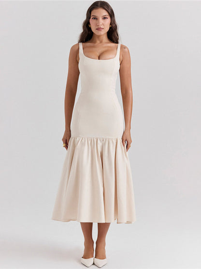 Vestido maxi de cola de pez sin espalda para mujer, vestido de moda con cuello cuadrado, sin mangas, suelto, plisado, largo, vestidos elegantes