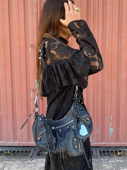Vestidos largos sexis de encaje calado con forro tipo A para mujer, estilo vintage, holgados, con perspectiva y cuello redondo, negros, elegantes y chic para fiestas callejeras.