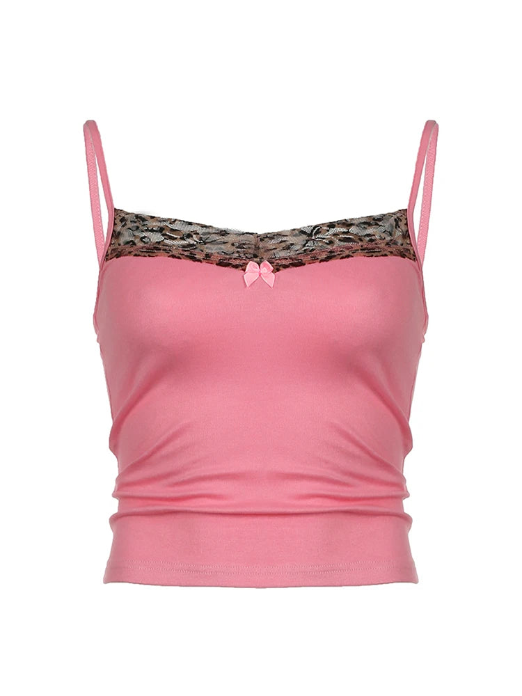 Camisola rosa dulce y linda de Sweetown con estampado de leopardo en contraste con parches Y2K para mujer, sin mangas, ajustada, estilo kawaii, años 2000