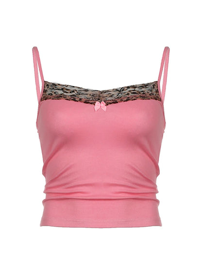 Camisola rosa dulce y linda de Sweetown con estampado de leopardo en contraste con parches Y2K para mujer, sin mangas, ajustada, estilo kawaii, años 2000