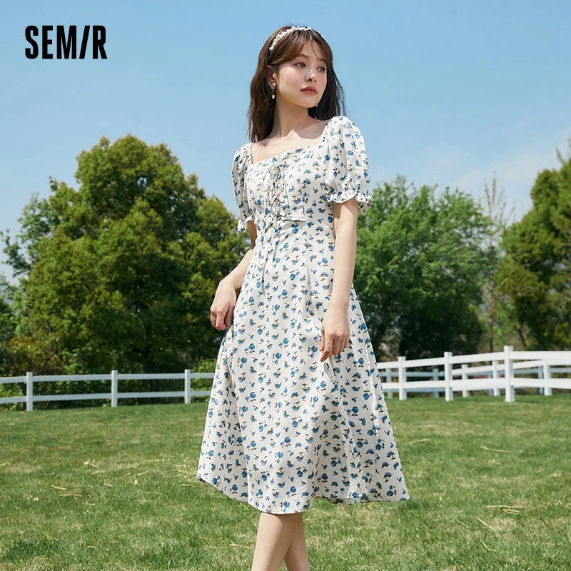 Dress Women Texture Chiffon Floral Romantic Temperament Square Neck Tea Break Dress