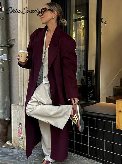 Abrigo largo de lana burdeos y rojo a la moda para mujer, con hombreras extragrandes, manga larga, doble botonadura, ropa de calle de otoño para mujer