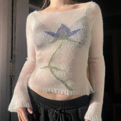 Tops cortos de punto de manga larga con flores, camisetas estéticas transparentes, suéteres vintage de los 90, tops cortos Y2k Gyaru, jerséis, ropa de campo