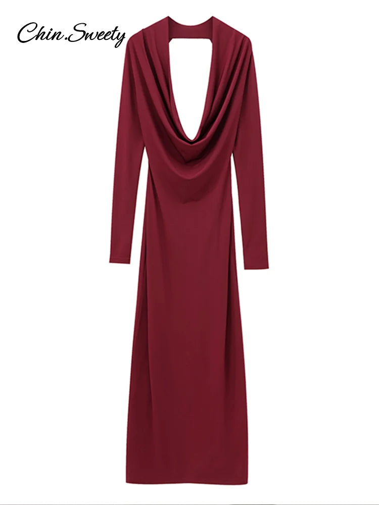 Elegant Hang Neck Burgundy Long Party Dress Women Halter Full Sleeve Maxi Dresses  Autumn Lady Slim Hip Package Gowns New