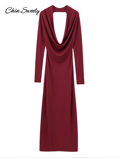 Elegant Hang Neck Burgundy Long Party Dress Women Halter Full Sleeve Maxi Dresses  Autumn Lady Slim Hip Package Gowns New