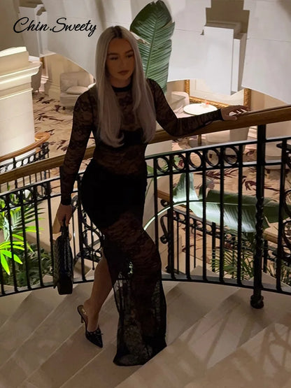 Vestidos largos sexis de encaje con retazos para mujer, vestido de fiesta ajustado con cuello alto y aberturas, vestido transparente ajustado para primavera 2025, nuevo