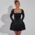 Elegant White A-Line Square Collar Short Dress Women Sexy Lace Satin Patchwork Long Sleeve Dresses New Party Club Outfits 2025