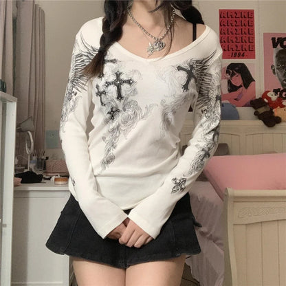 2000s Aesthetic T Shirt Graphic Cross Wings Print Long Sleeve Tops y2k Women Clothes Fairycore Grunge Tee Streetwear