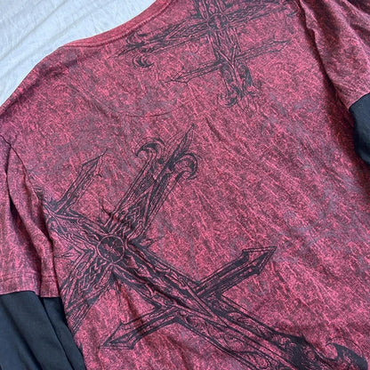 Camiseta vintage grunge emo Y2K de los años 2000, estilo cross cyber goth, con retazos, de manga larga, estilo e-girl, estilo gótico harajuku, holgada, para mujer y hombre.