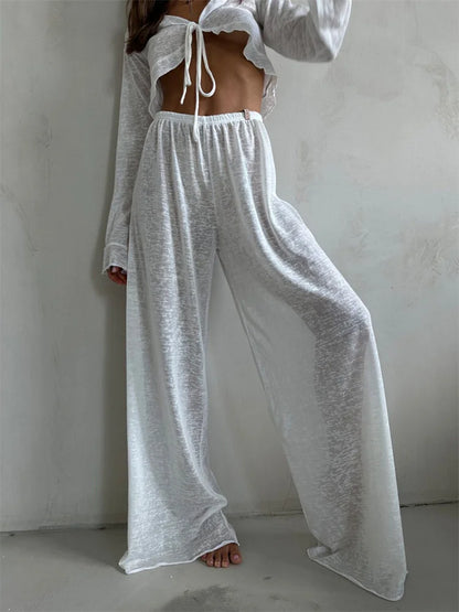 Conjunto informal de dos piezas para mujer, con cuello en V, manga larga con cordones y pantalones de cintura alta.