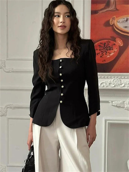 Autumn Square Collar Outwear Female Elegant Commute Cropped Long Sleeve Streetwear Patchwork Cardigan Solid Coat Ladies