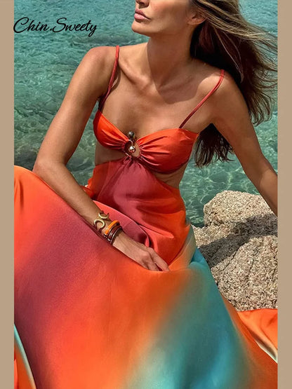Vestido largo elegante con degradado para mujer, de satén, sin espalda, con corte en A, para playa, sexy, plisado, para vacaciones, verano 2025