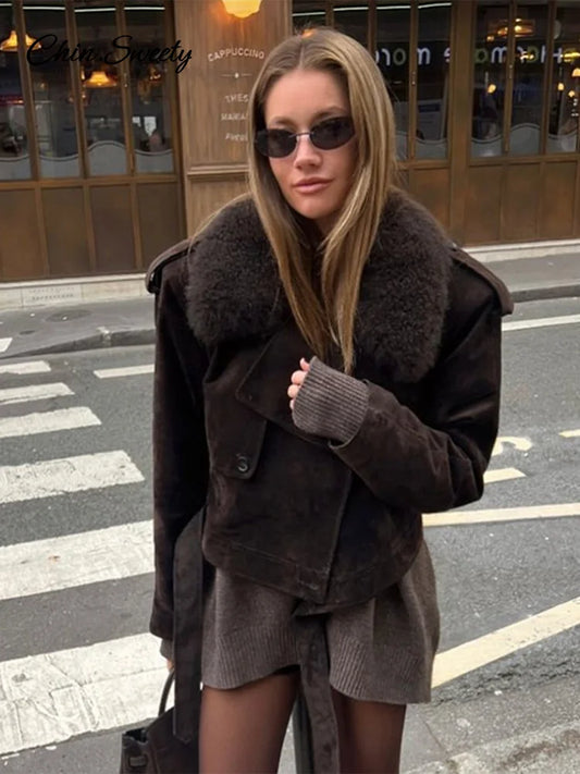Chaqueta corta vintage de ante para mujer, con solapa, cuello de piel y cordones, abrigo de manga larga para mujer, moda de invierno, ropa de calle para mujer