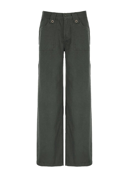 Sweetown - Vaqueros rectos de tiro bajo verdes retro para mujer, estilo urbano Y2K, con bolsillos, estilo cargo informal