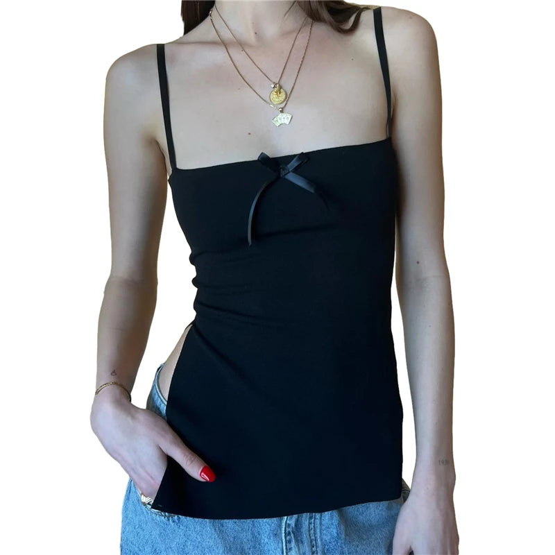 Top coqueto Y2K, ropa para mujer, camisola negra sin mangas con tirantes finos y lazo, ropa kawaii de los años 2000, ropa urbana