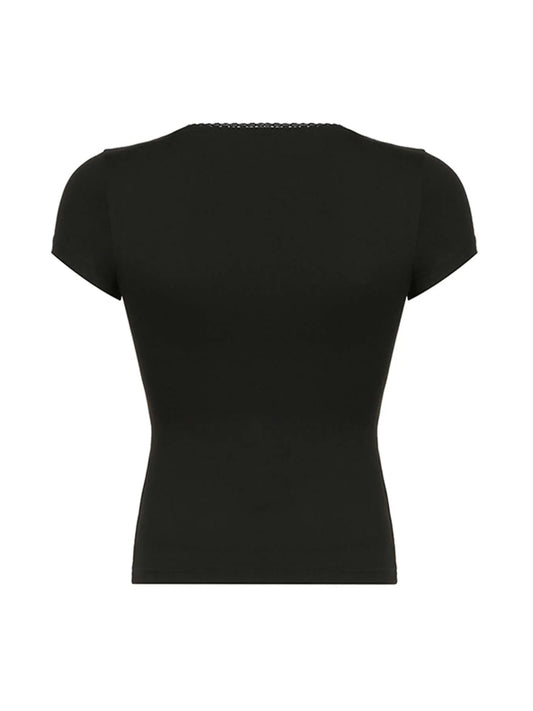 Camisetas negras lisas ajustadas elegantes básicas de manga corta con ribete de encaje Y2K, bonitas camisetas blancas con cuello en V para mujer, camisetas de verano para mujer