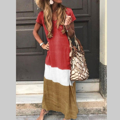Vestidos largos casuales sueltos con colores contrastantes para mujer, moda de verano, cuello en V, mangas cortas, vestido maxi para mujer, vestidos para ir al trabajo, nuevos