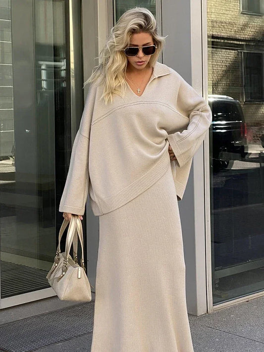 Conjunto de 2 piezas de suéter holgado liso con cuello en V para mujer, top de punto, falda larga y cintura alta para otoño e invierno