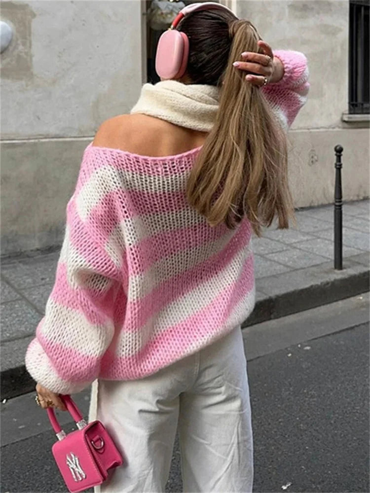 Suéter de punto para mujer, jersey de rayas con agujeros, holgado, con contraste, de manga larga, con retazos, para otoño