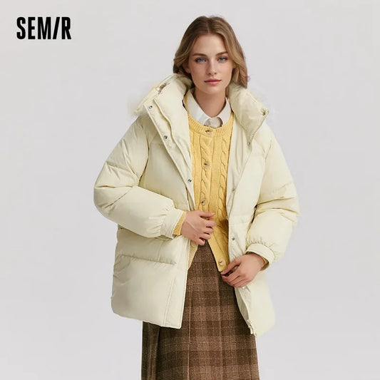 Chaqueta de plumón para mujer, de longitud media, con cuello de piel y capucha, cálida, de invierno, nueva, suelta, impermeable y resistente al viento.