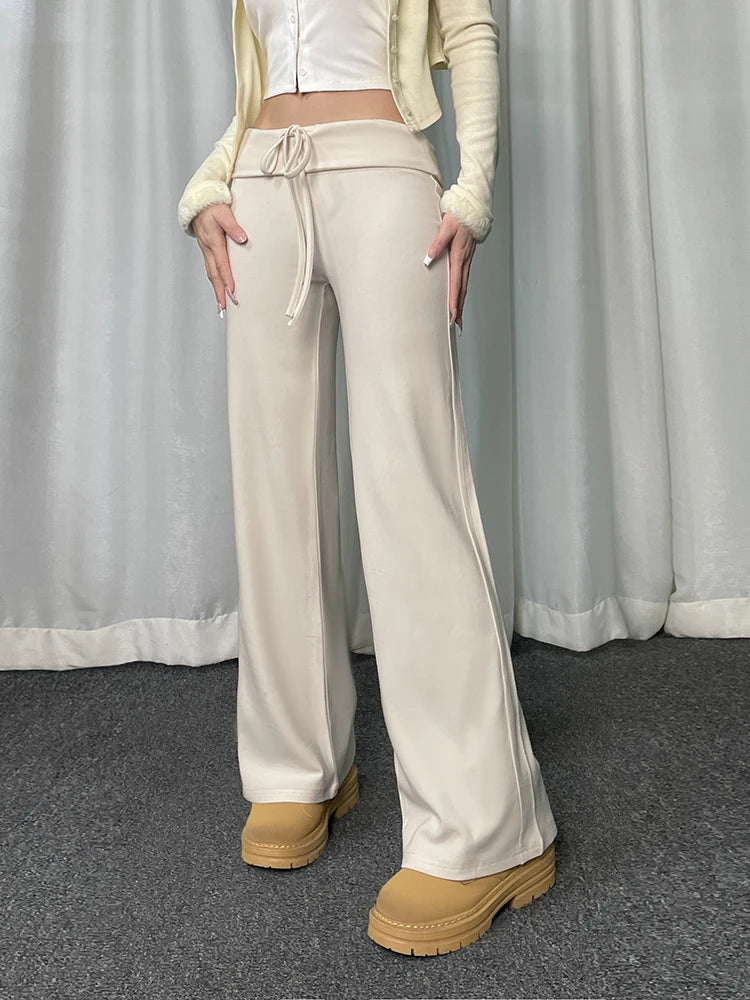 Pantalones deportivos básicos casuales lisos para mujer, cintura con cordón, pierna recta, pantalones para correr Y2K