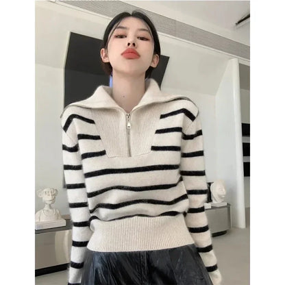 Women’s Autumn Winter New Fashion Retro Lapel Half Zipper Contrasting Stripes Sweater Casual Long Sleeved Loose Knitted Coat