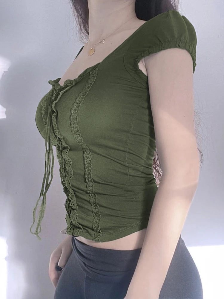 Camiseta corta verde vintage para mujer, con volantes, cuello cuadrado Y2K, estilo grunge, camiseta sexy y elegante de manga corta, ropa de calle