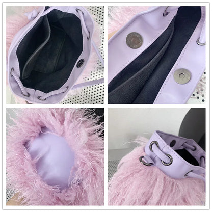 Bolso de lujo con borlas de colores y cordón peludo para mujer, bolso de felpa estilo Harajuku Street Punk Y2k, bolso de hombro de piel sintética para chicas atractivas