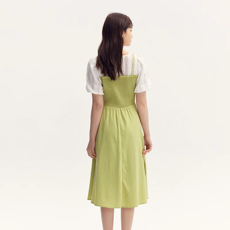Vestido de mujer con mangas abullonadas y encaje de retazos, dos piezas, corte entallado, estilo fresco de verano, cuello redondo, falda de longitud media