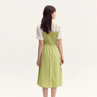 Vestido de mujer con mangas abullonadas y encaje de retazos, dos piezas, corte entallado, estilo fresco de verano, cuello redondo, falda de longitud media