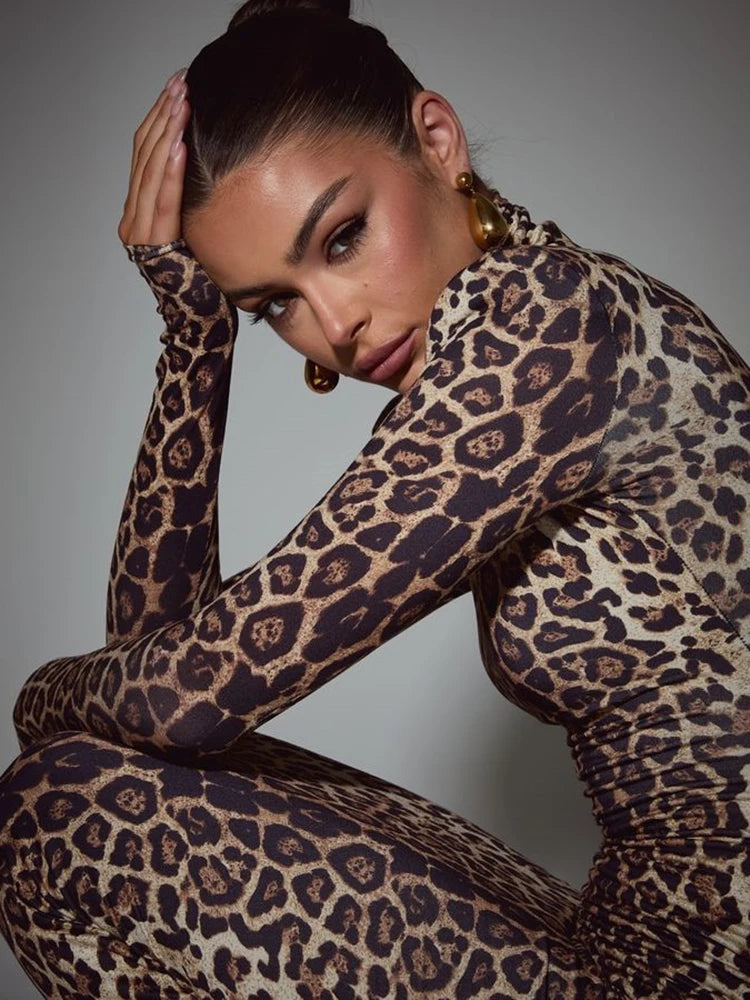 Leopard Print Long Sleeve Sexy Maxi Dress For Women Autumn Winter Fashion Elegant Turtleneck Printed Bodycon Long Dress