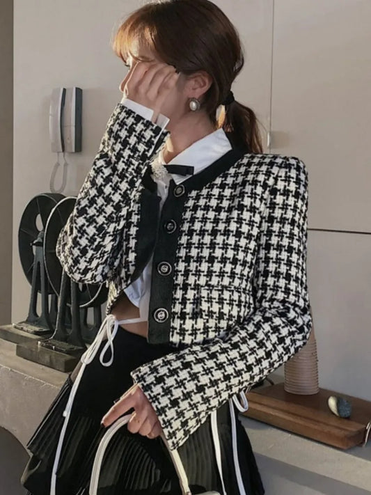 Elegante chaqueta corta para mujer, estilo francés vintage, de un solo pecho, manga larga, cuello redondo, otoño Y2k, abrigos de pata de gallo que combinan con todo, nuevo